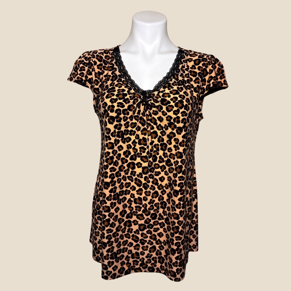 Y2K George Leopard Print Top Lace Trim V-Neck Cap Sleeve #14